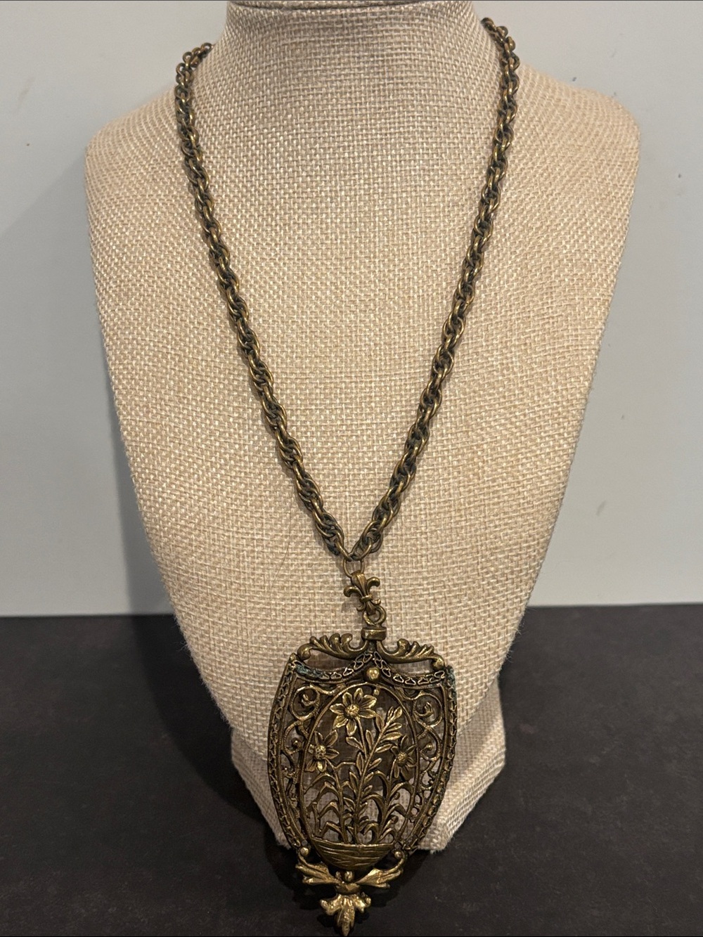 Vintage Victorian Revival Filigree Basket Flower Pendant Necklace Brass 1970s
